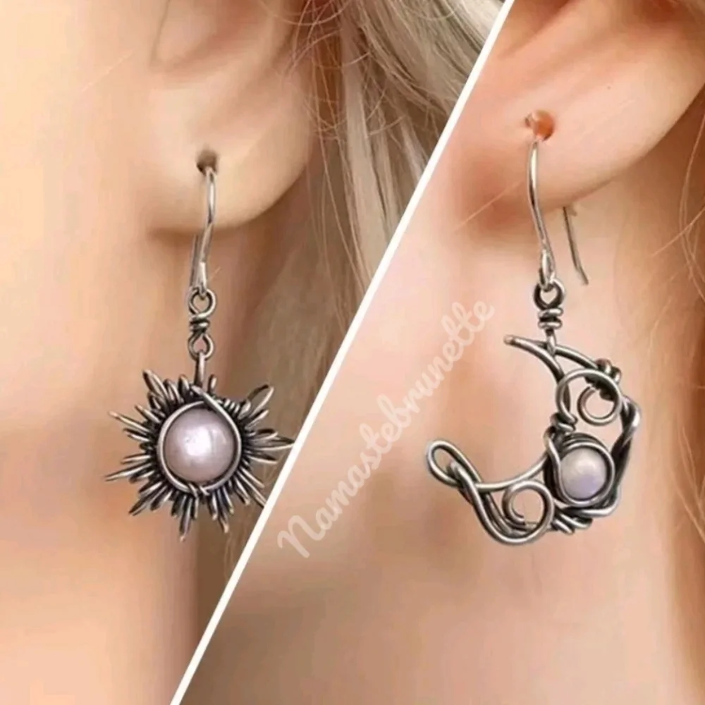 Sun & Moon Silver Wire Wrapped Stone Dangle Drop Earrings
